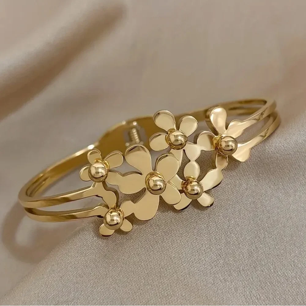 Women’s Gold Plated Abloom Dainty Bracelet Floral Blossom Charm Bangle, Feminine